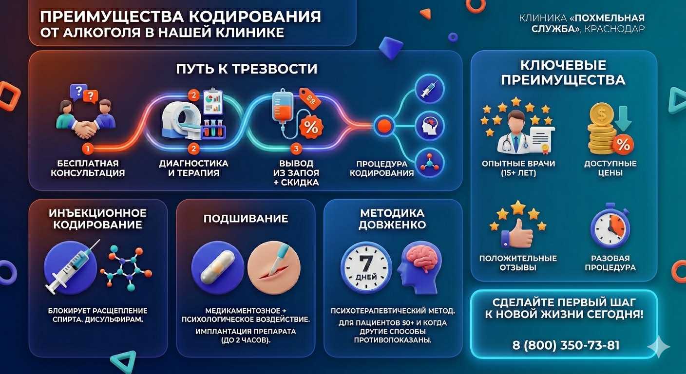 Инфографика о методах кодирования от алкоголя в Кондопоге: инъекции, подшивание, метод Довженко. Преимущества клиники и этапы лечения.