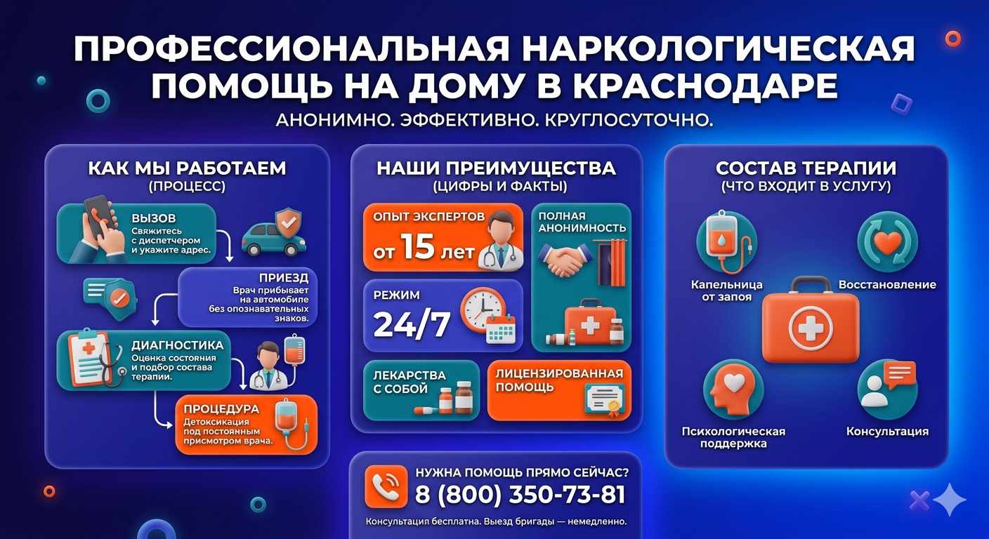 Инфографика о принципах лечения алкоголизма на дому в Кондопоге: этапы вызова нарколога, преимущества анонимной детоксикации и состав медицинской помощи.